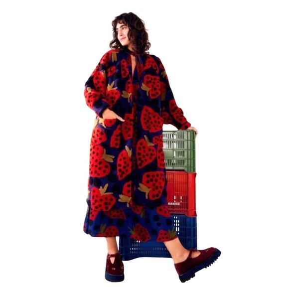 FARM Rio Sweaters - Farm Rio $245 Heart Berry Maxi Fleece Cardigan NWT Size Large